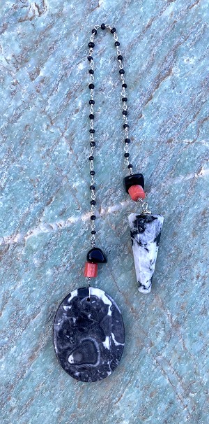 Rainbow Moonstone Quartz Crystal and Fossil Stone Pendulum  